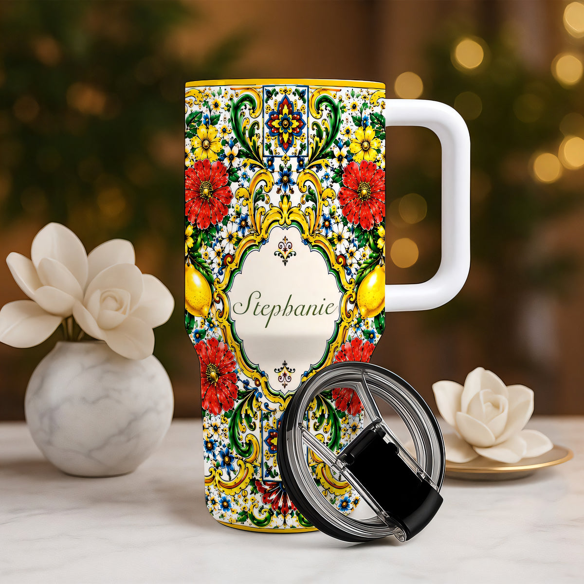 Mediterranean Style & Majolica Print La Dolce Vita - Personalized 40oz Tumbler With Straw-Myprintsy