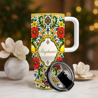 Mediterranean Style & Majolica Print La Dolce Vita - Personalized 40oz Tumbler With Straw-Myprintsy