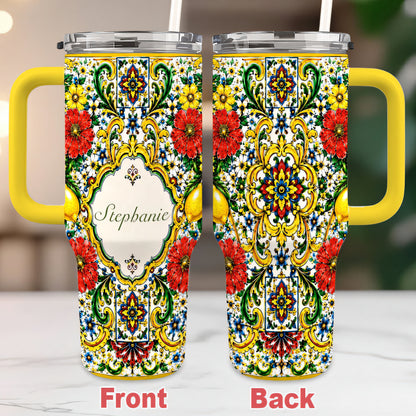 Mediterranean Style & Majolica Print La Dolce Vita - Personalized 40oz Tumbler With Straw-Myprintsy