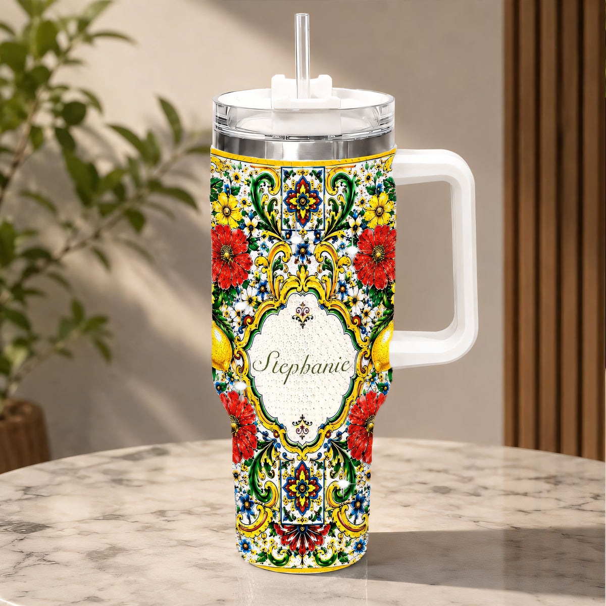 Mediterranean Style & Majolica Print La Dolce Vita - Personalized 40oz Tumbler With Straw-Myprintsy