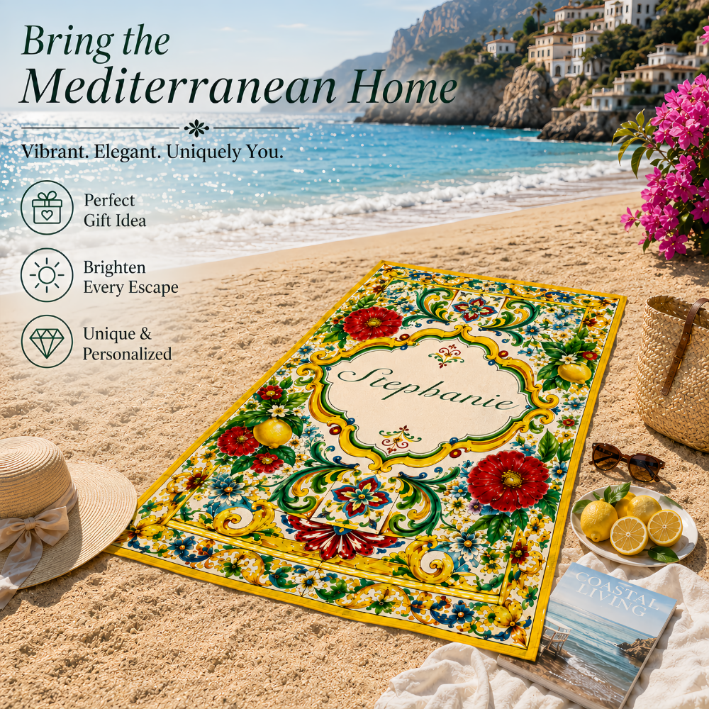 Mediterranean Style & Majolica Print La Dolce Vita - Personalized Beach Towel - Travelling Towel-Myprintsy
