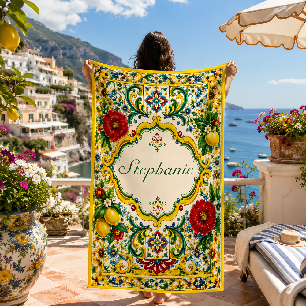 Mediterranean Style & Majolica Print La Dolce Vita - Personalized Beach Towel - Travelling Towel-Myprintsy