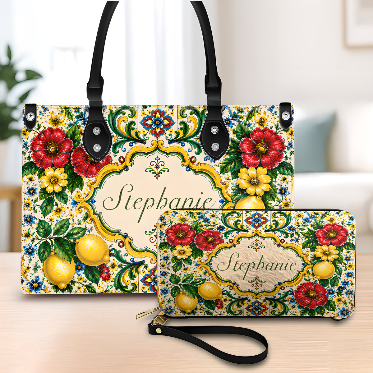 Mediterranean Style & Majolica Print La Dolce Vita - Personalized Leather Bag & Wallet Set-Myprintsy