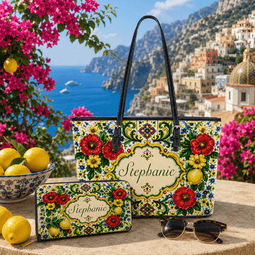 Mediterranean Style & Majolica Print La Dolce Vita - Personalized Leather Bag & Wallet Set-Myprintsy