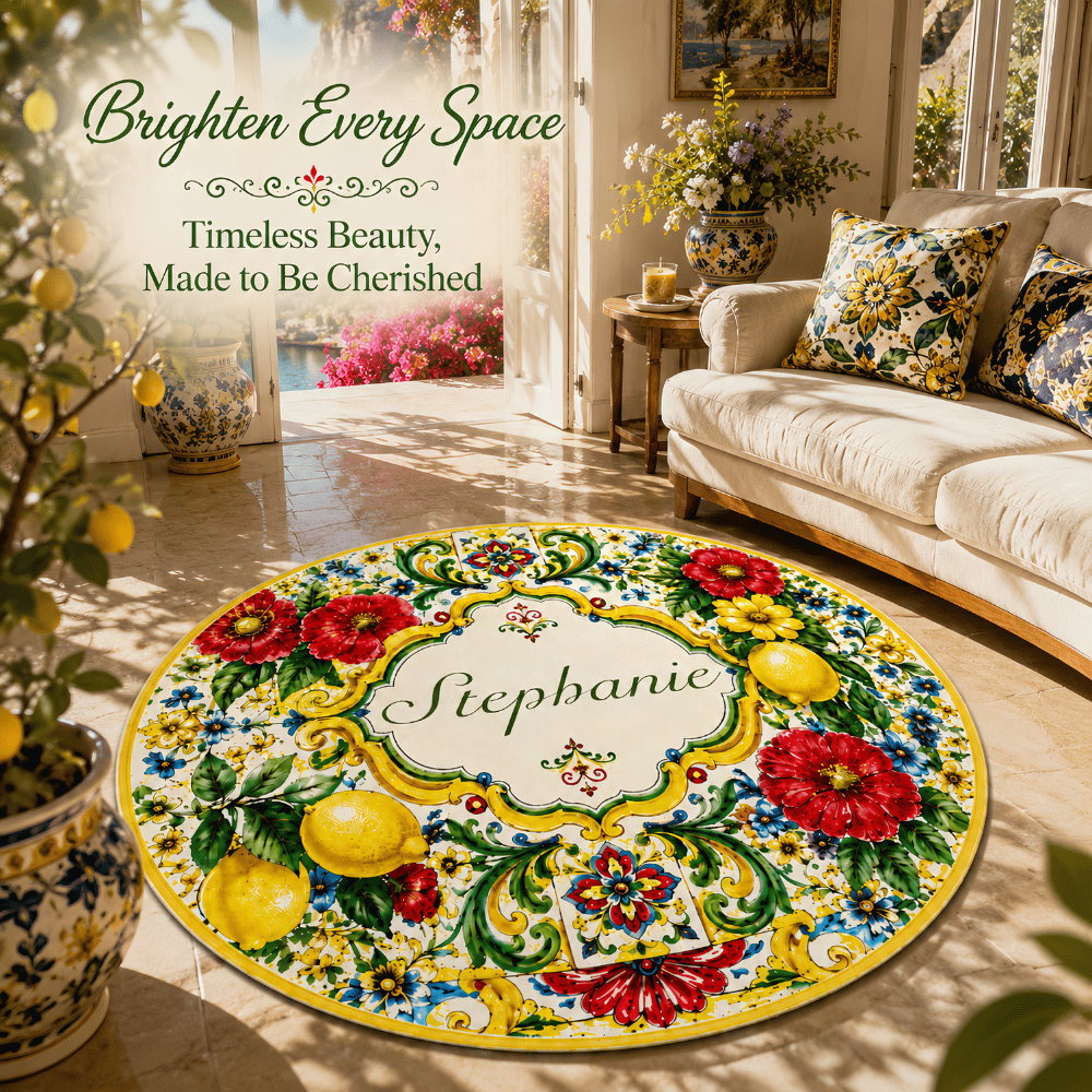 Mediterranean Style & Majolica Print La Dolce Vita - Personalized Round Rug-Myprintsy