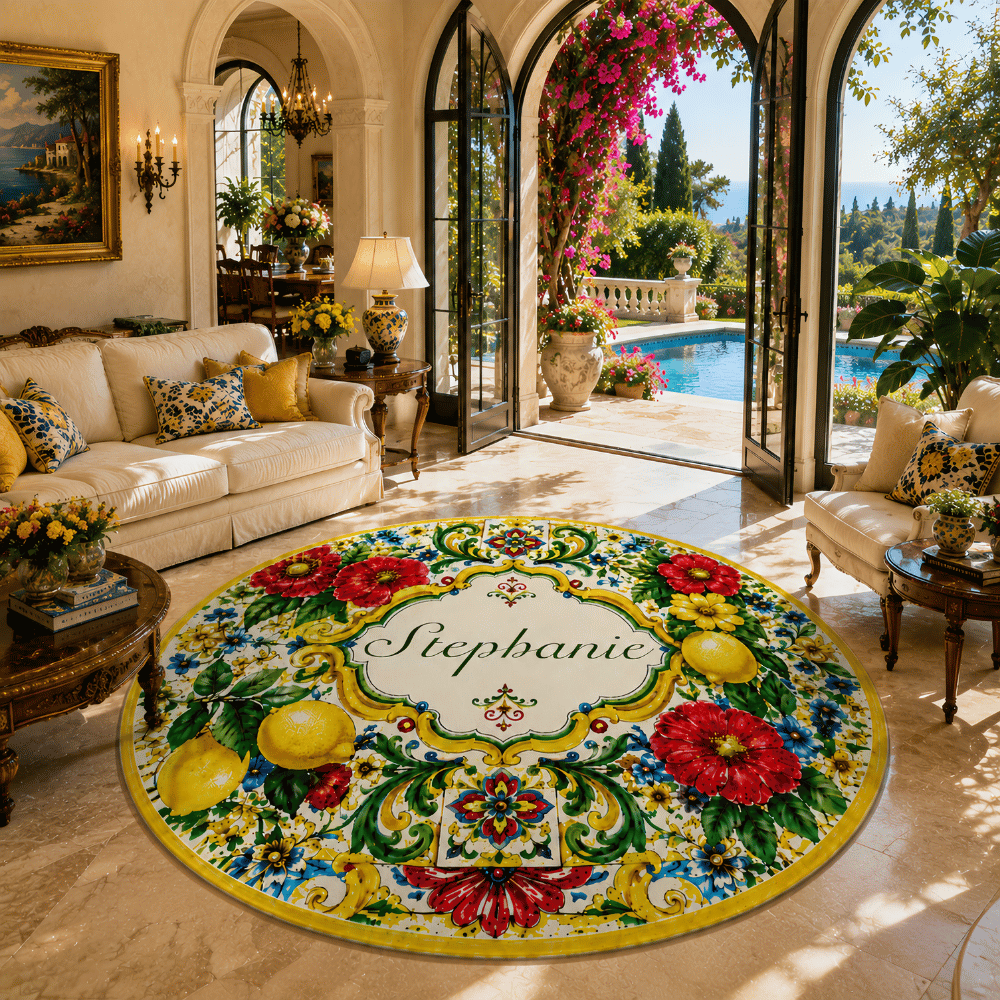 Mediterranean Style & Majolica Print La Dolce Vita - Personalized Round Rug-Myprintsy