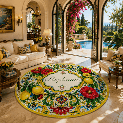 Mediterranean Style & Majolica Print La Dolce Vita - Personalized Round Rug-Myprintsy
