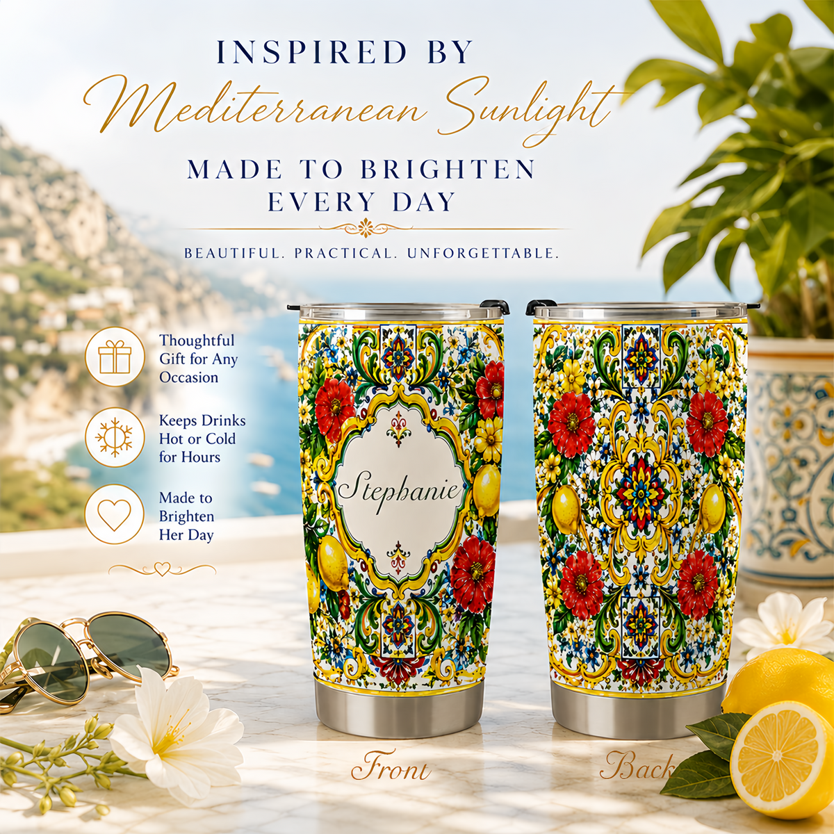 Mediterranean Style & Majolica Print La Dolce Vita - Personalized Tumbler Cup-Myprintsy