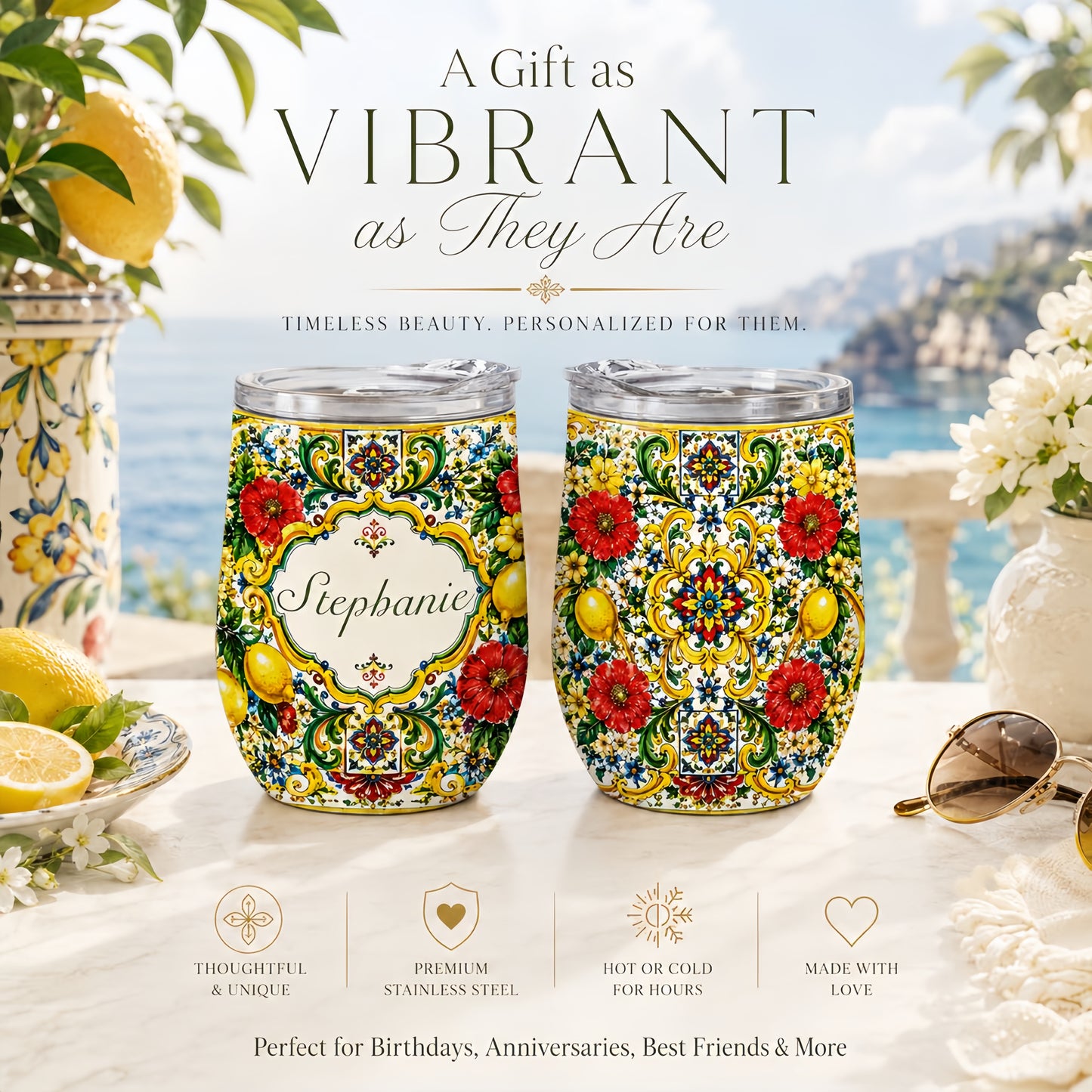 Mediterranean Style & Majolica Print La Dolce Vita - Personalized Wine Tumbler-Myprintsy