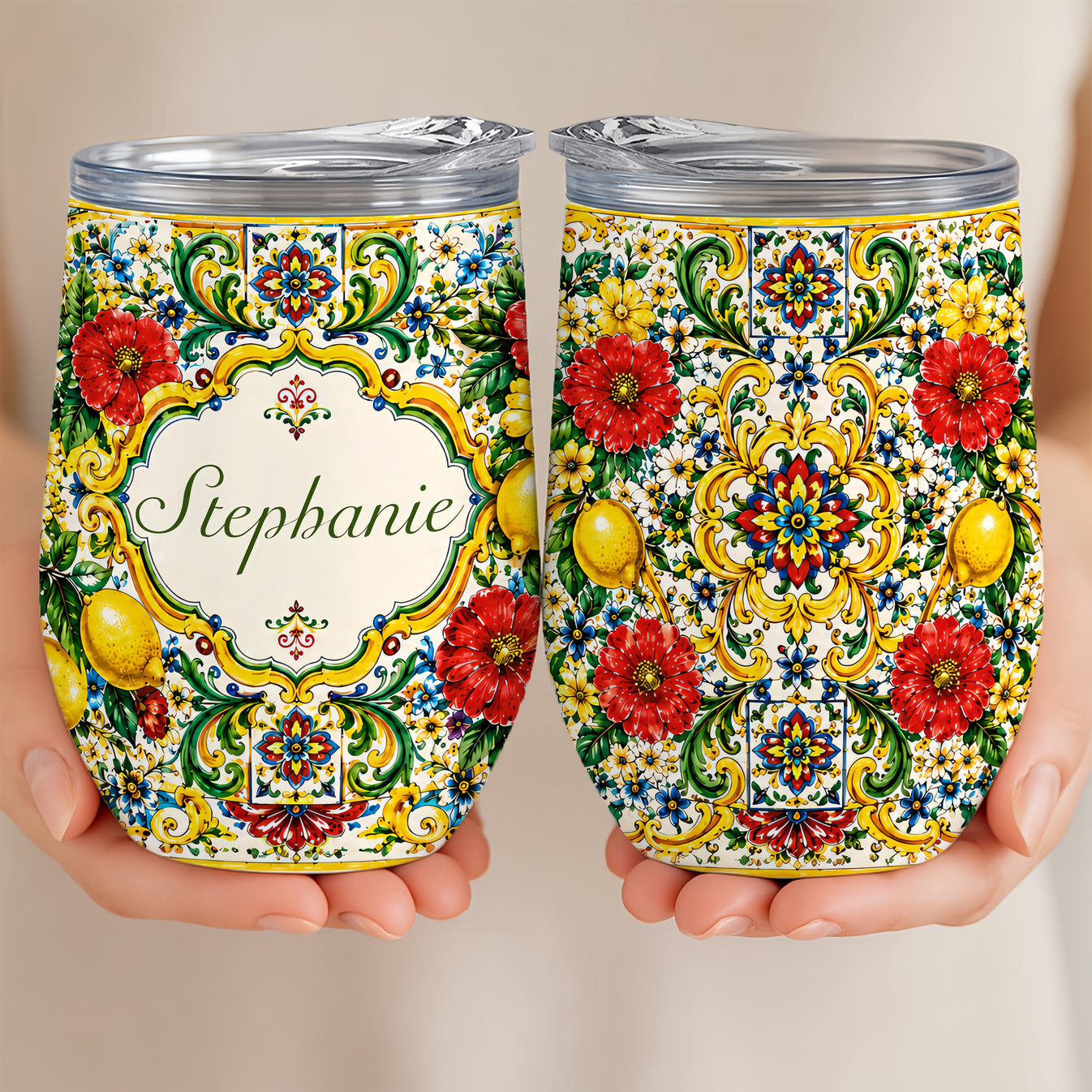 Mediterranean Style & Majolica Print La Dolce Vita - Personalized Wine Tumbler-Myprintsy