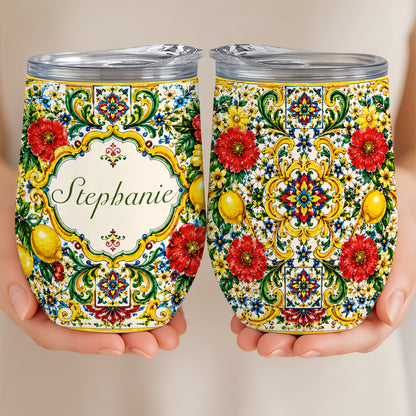 Mediterranean Style & Majolica Print La Dolce Vita - Personalized Wine Tumbler-Myprintsy