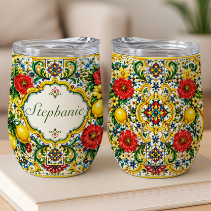Mediterranean Style & Majolica Print La Dolce Vita - Personalized Wine Tumbler-Myprintsy