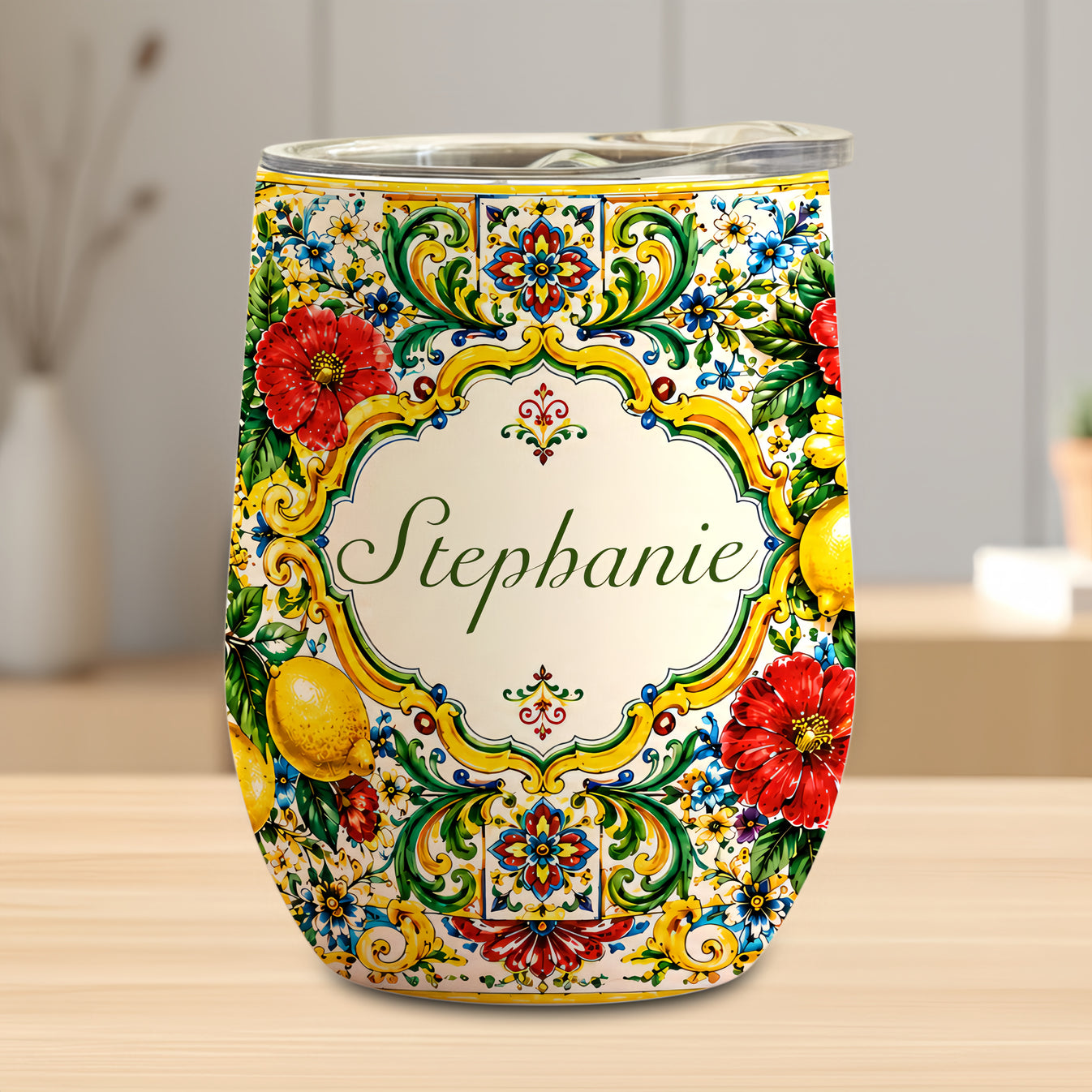 Mediterranean Style & Majolica Print La Dolce Vita - Personalized Wine Tumbler-Myprintsy
