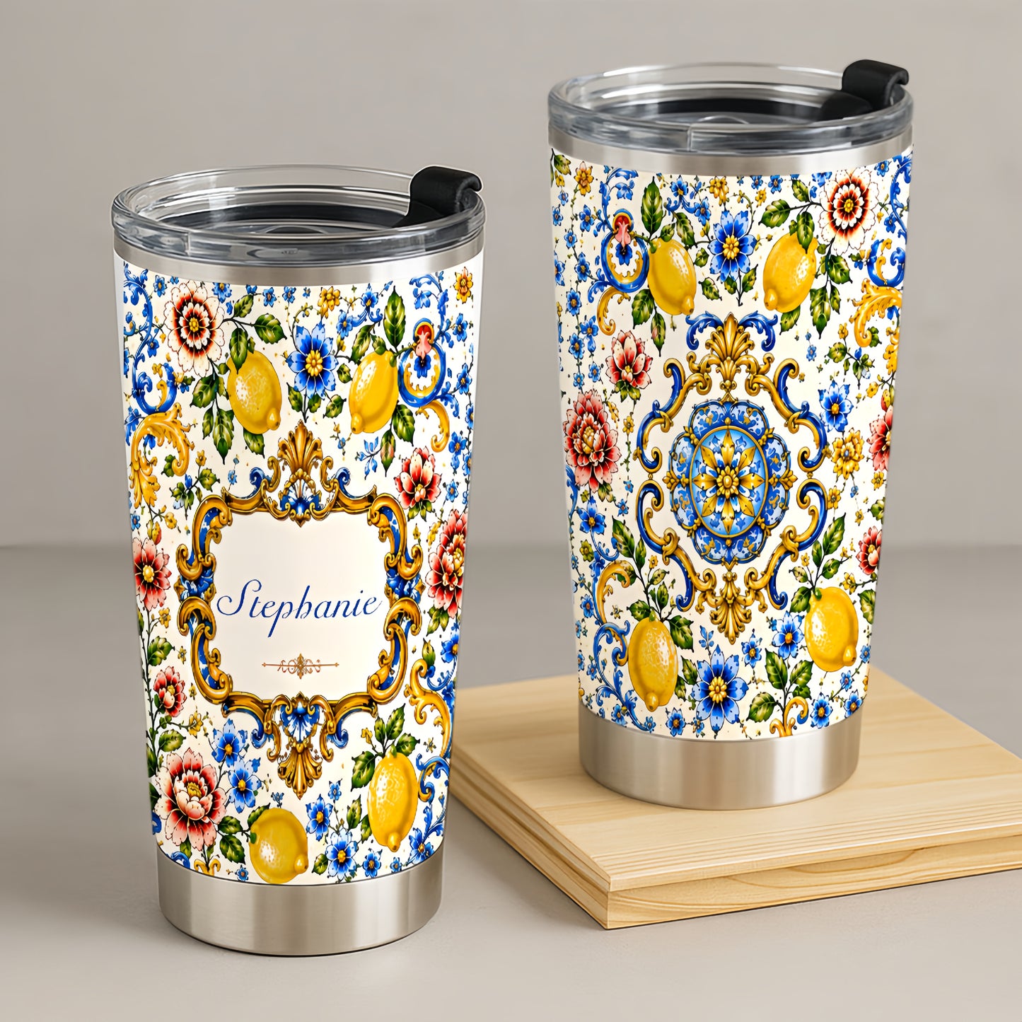 Mediterranean Style & Majolica Print - Personalized Tumbler Cup - Travelling Tumbler-Myprintsy