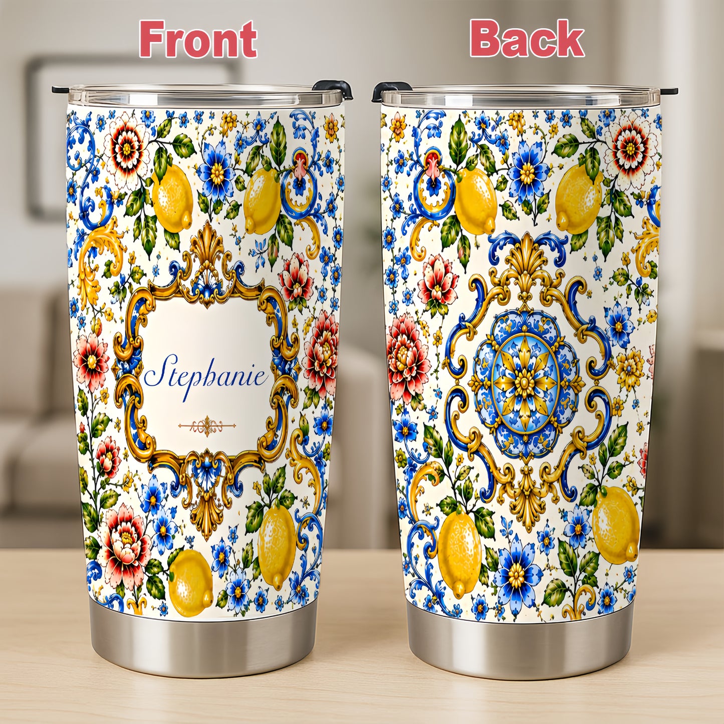 Mediterranean Style & Majolica Print - Personalized Tumbler Cup - Travelling Tumbler-Myprintsy