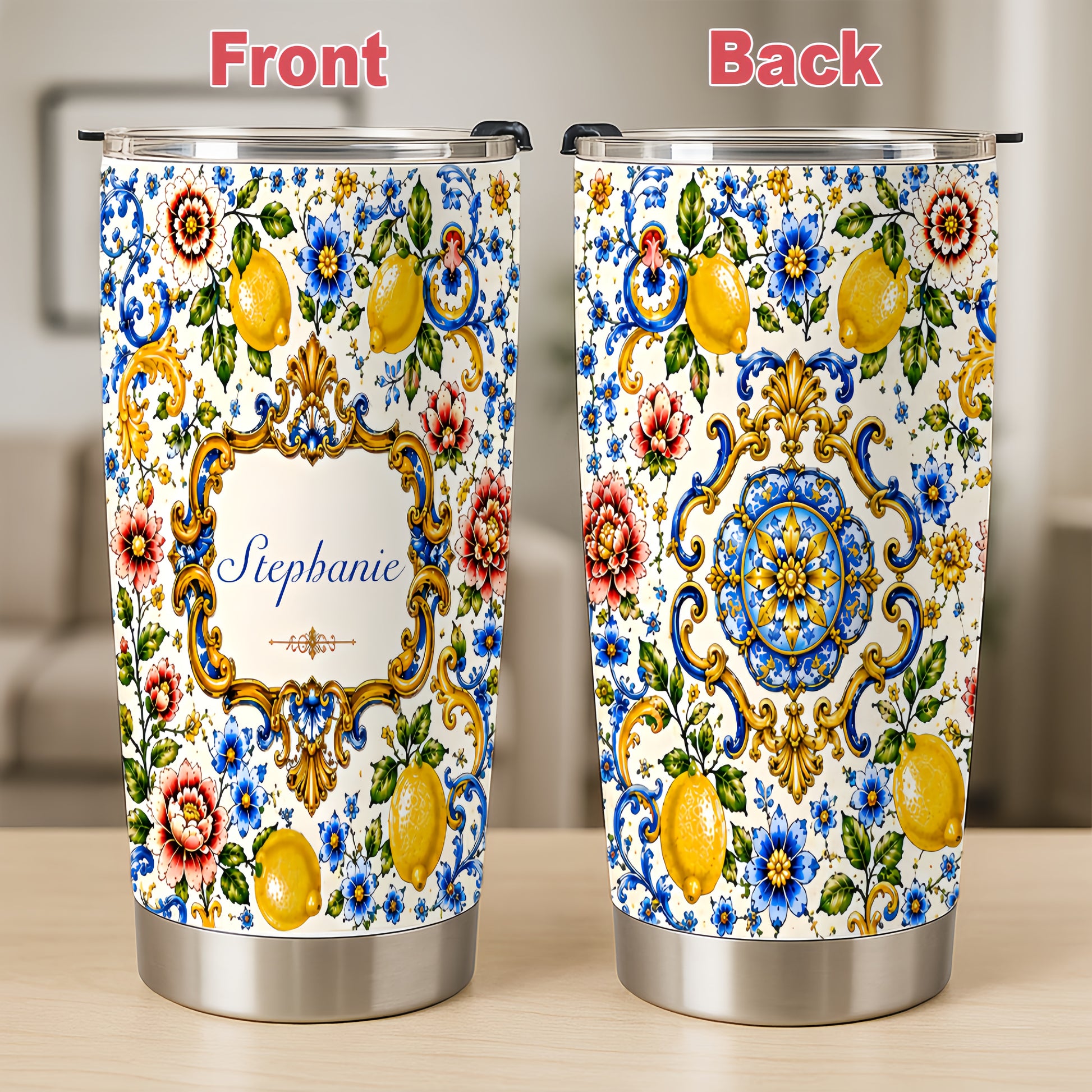 Mediterranean Style & Majolica Print - Personalized Tumbler Cup - Travelling Tumbler-Myprintsy