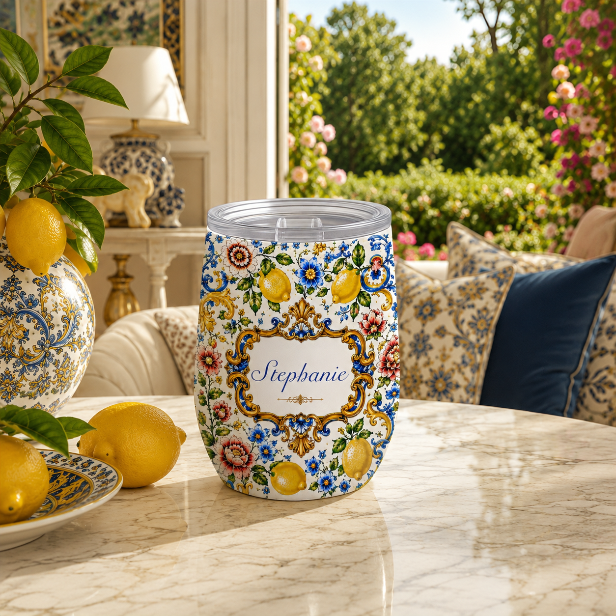 Mediterranean Style & Majolica Print - Personalized Wine Tumbler - Travelling Tumbler-Myprintsy