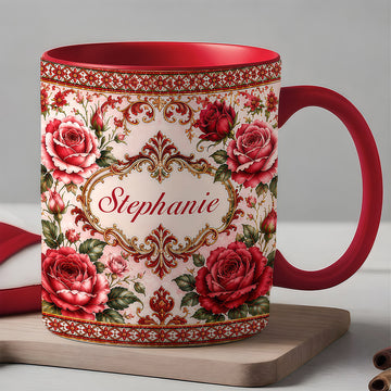 Mediterranean Style & Majolica Print Royal Red Rose - Personalized Accent Mug-Myprintsy