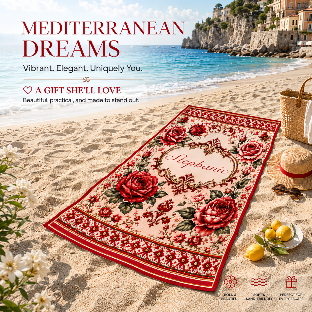 Mediterranean Style & Majolica Print Royal Red Rose - Personalized Beach Towel-Myprintsy
