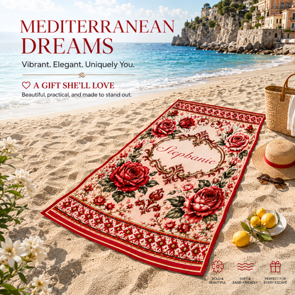 Mediterranean Style & Majolica Print Royal Red Rose - Personalized Beach Towel-Myprintsy