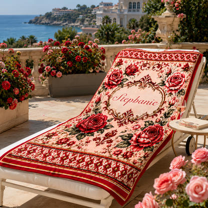 Mediterranean Style & Majolica Print Royal Red Rose - Personalized Beach Towel-Myprintsy