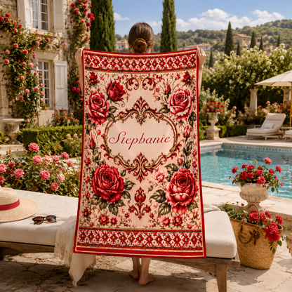 Mediterranean Style & Majolica Print Royal Red Rose - Personalized Beach Towel-Myprintsy