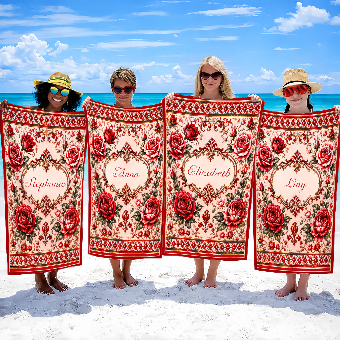 Mediterranean Style & Majolica Print Royal Red Rose - Personalized Beach Towel-Myprintsy