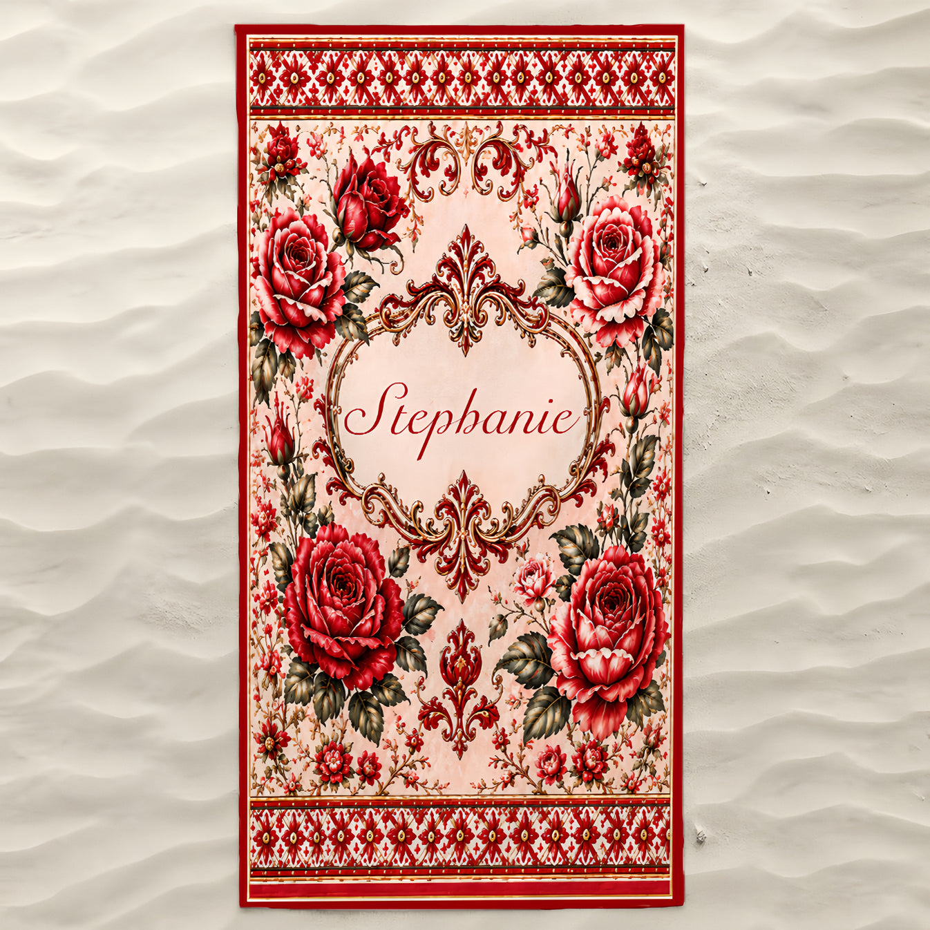 Mediterranean Style & Majolica Print Royal Red Rose - Personalized Beach Towel-Myprintsy