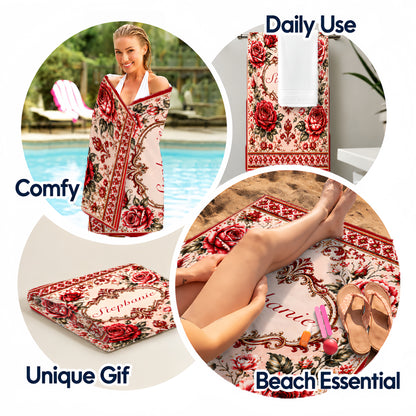 Mediterranean Style & Majolica Print Royal Red Rose - Personalized Beach Towel-Myprintsy