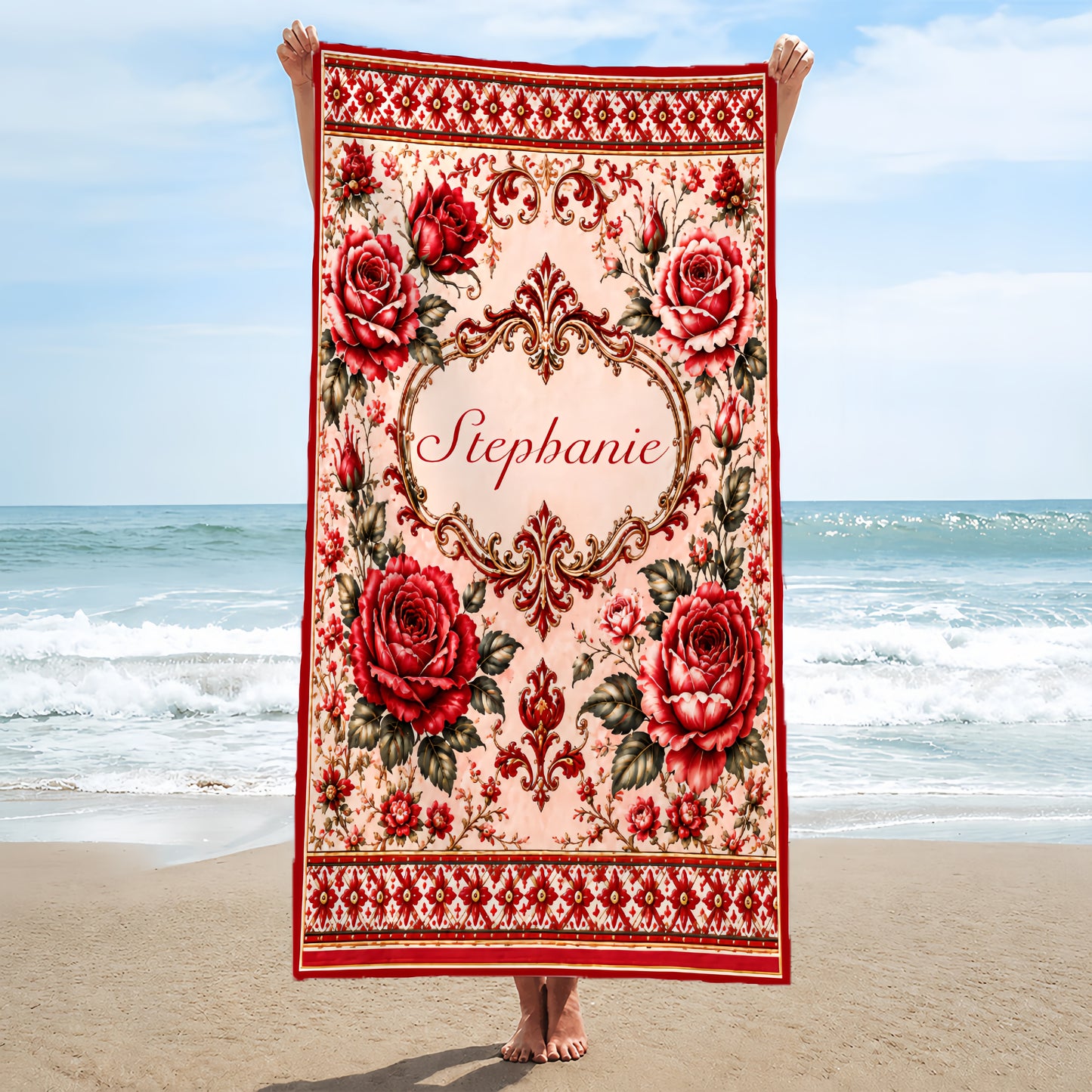 Mediterranean Style & Majolica Print Royal Red Rose - Personalized Beach Towel-Myprintsy