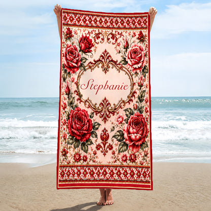 Mediterranean Style & Majolica Print Royal Red Rose - Personalized Beach Towel-Myprintsy