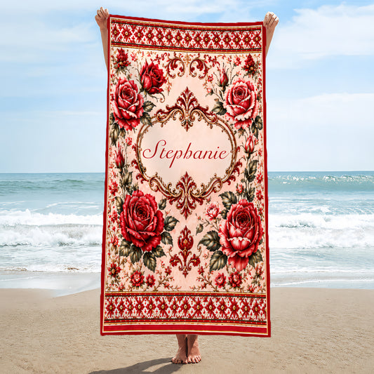 Mediterranean Style & Majolica Print Royal Red Rose - Personalized Beach Towel-Myprintsy