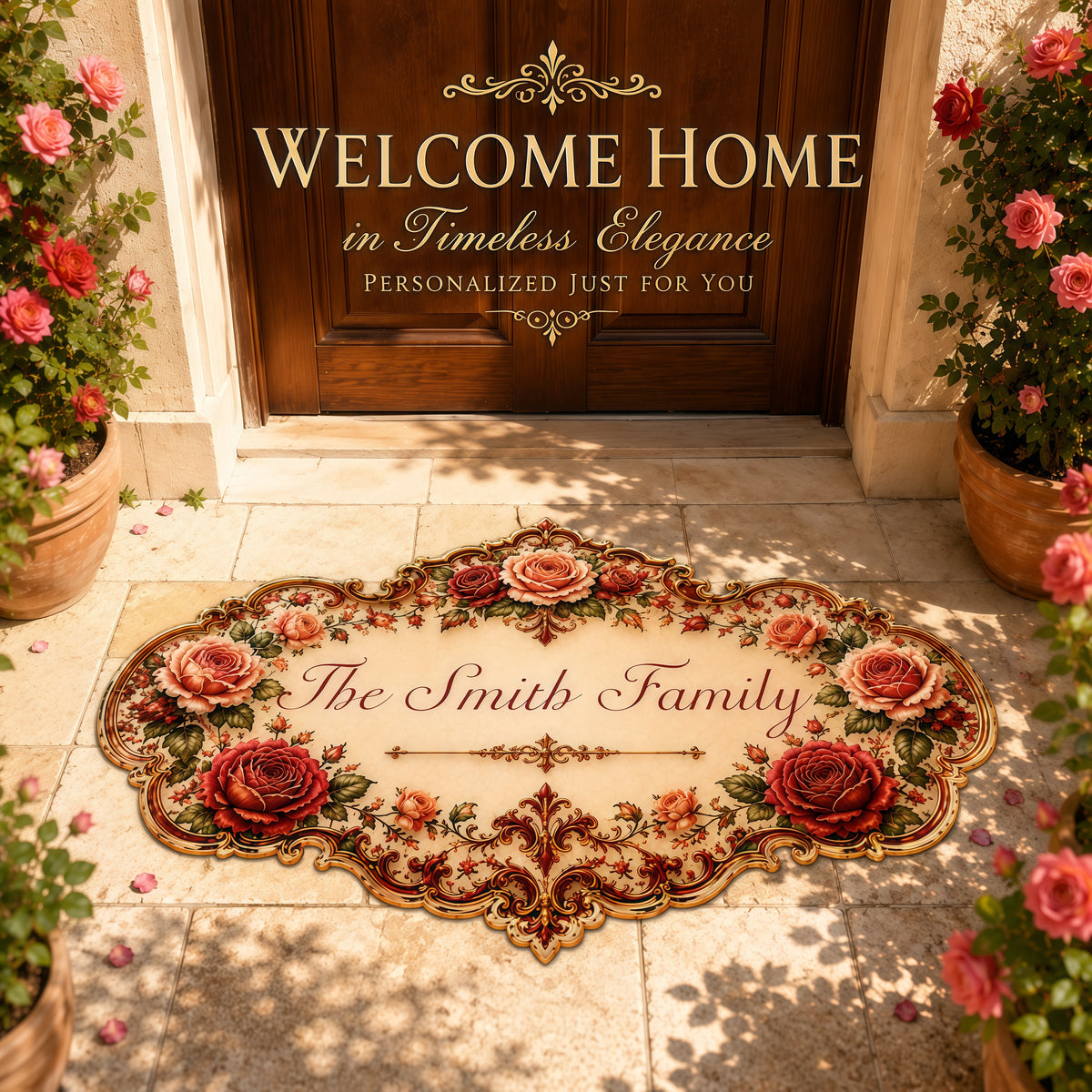 Mediterranean Style & Majolica Print Royal Red Rose - Personalized Shaped Luxurious Doormat-Myprintsy