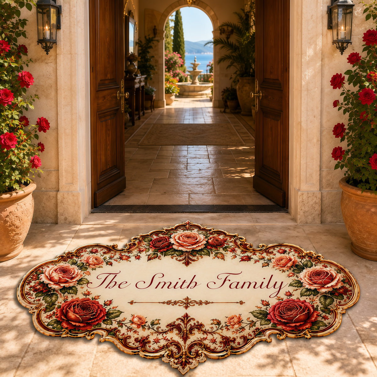 Mediterranean Style & Majolica Print Royal Red Rose - Personalized Shaped Luxurious Doormat-Myprintsy