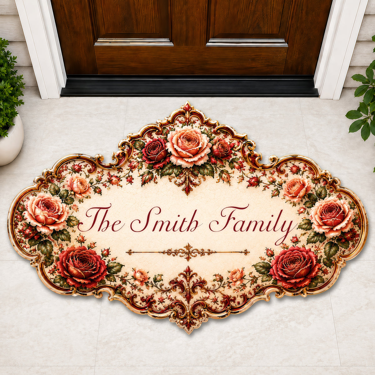Mediterranean Style & Majolica Print Royal Red Rose - Personalized Shaped Luxurious Doormat-Myprintsy