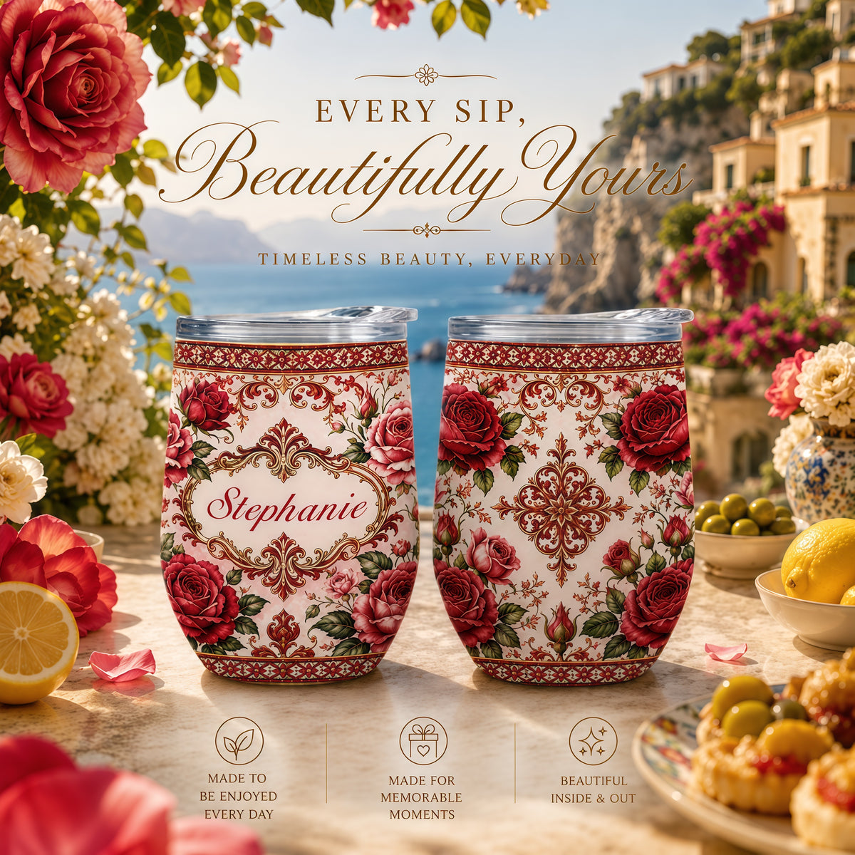 Mediterranean Style & Majolica Print Royal Red Rose - Personalized Wine Tumbler-Myprintsy