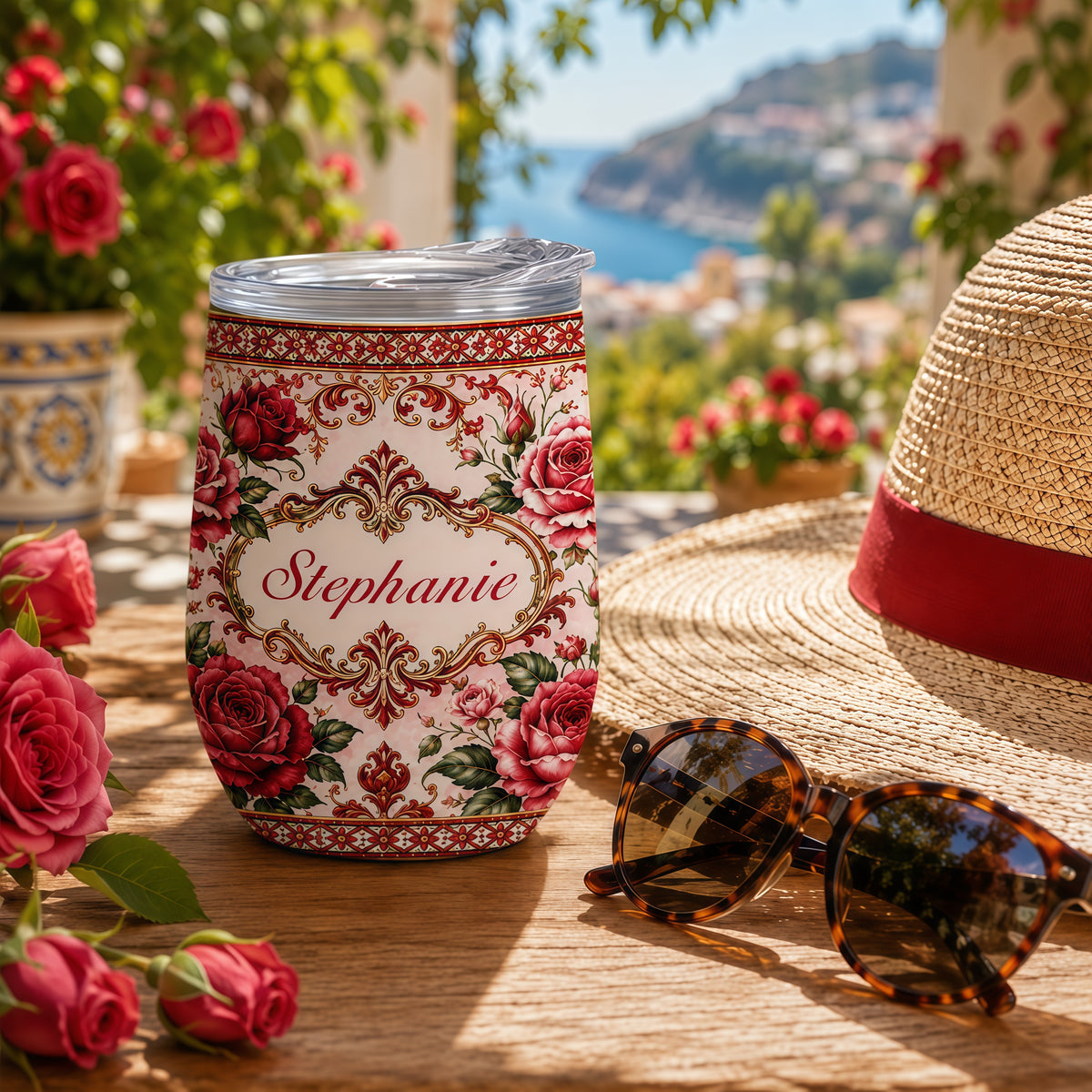 Mediterranean Style & Majolica Print Royal Red Rose - Personalized Wine Tumbler-Myprintsy