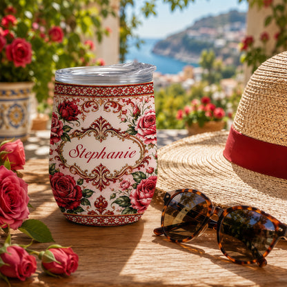 Mediterranean Style & Majolica Print Royal Red Rose - Personalized Wine Tumbler-Myprintsy
