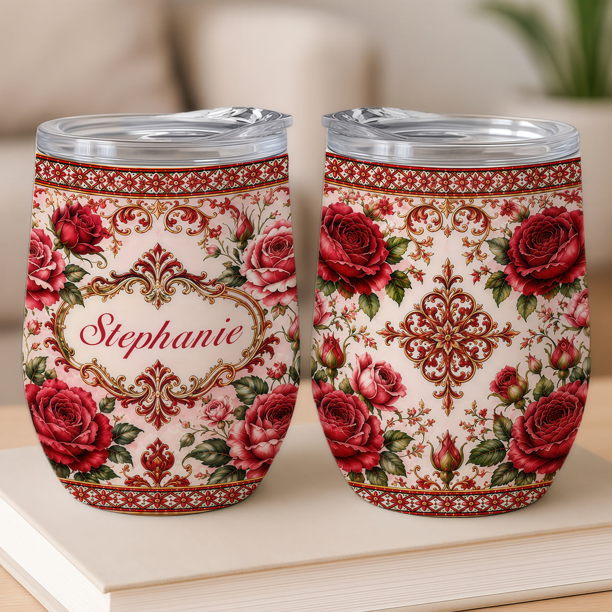 Mediterranean Style & Majolica Print Royal Red Rose - Personalized Wine Tumbler-Myprintsy