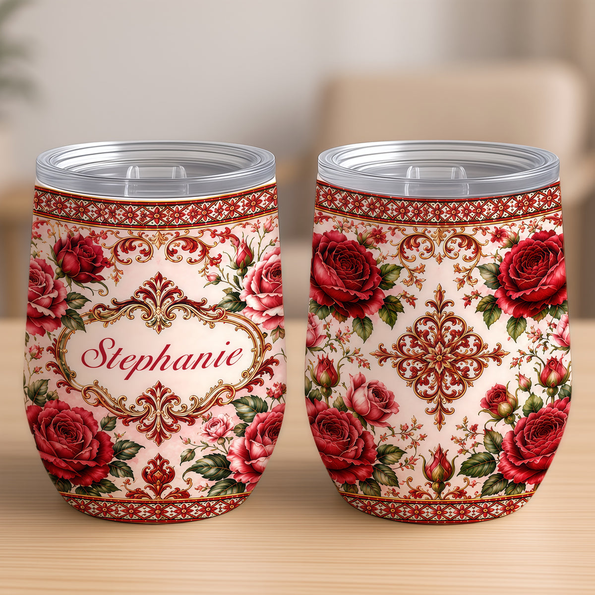 Mediterranean Style & Majolica Print Royal Red Rose - Personalized Wine Tumbler-Myprintsy
