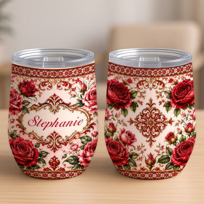 Mediterranean Style & Majolica Print Royal Red Rose - Personalized Wine Tumbler-Myprintsy