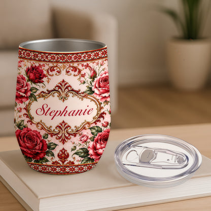 Mediterranean Style & Majolica Print Royal Red Rose - Personalized Wine Tumbler-Myprintsy