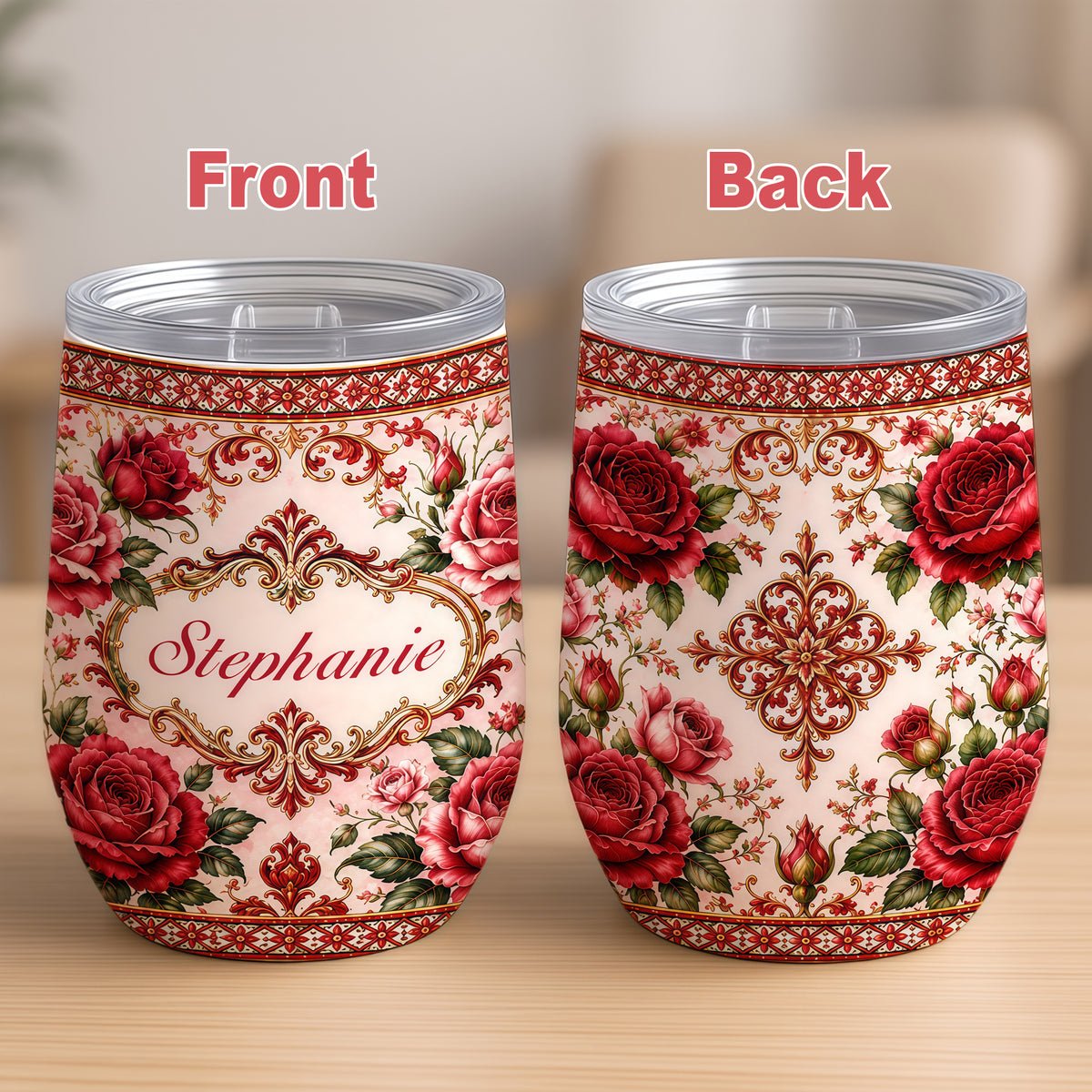 Mediterranean Style & Majolica Print Royal Red Rose - Personalized Wine Tumbler-Myprintsy