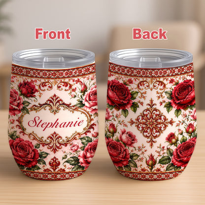 Mediterranean Style & Majolica Print Royal Red Rose - Personalized Wine Tumbler-Myprintsy