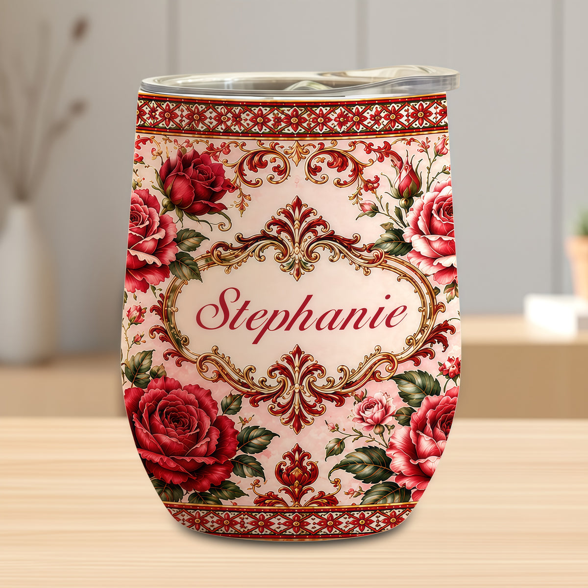 Mediterranean Style & Majolica Print Royal Red Rose - Personalized Wine Tumbler-Myprintsy