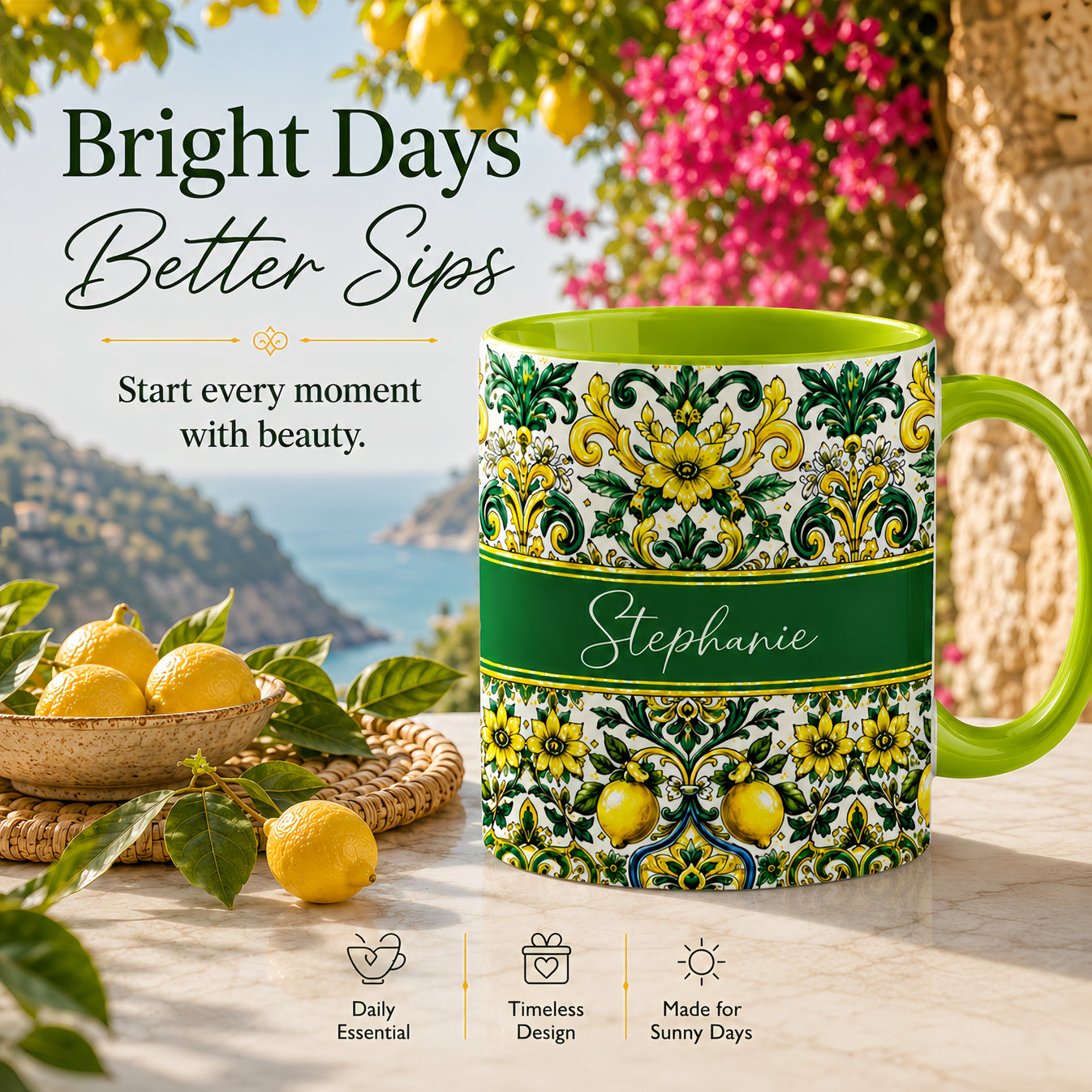 Mediterranean Style & Majolica Print Sun-Kissed Limoncello - Personalized Accent Mug-Myprintsy