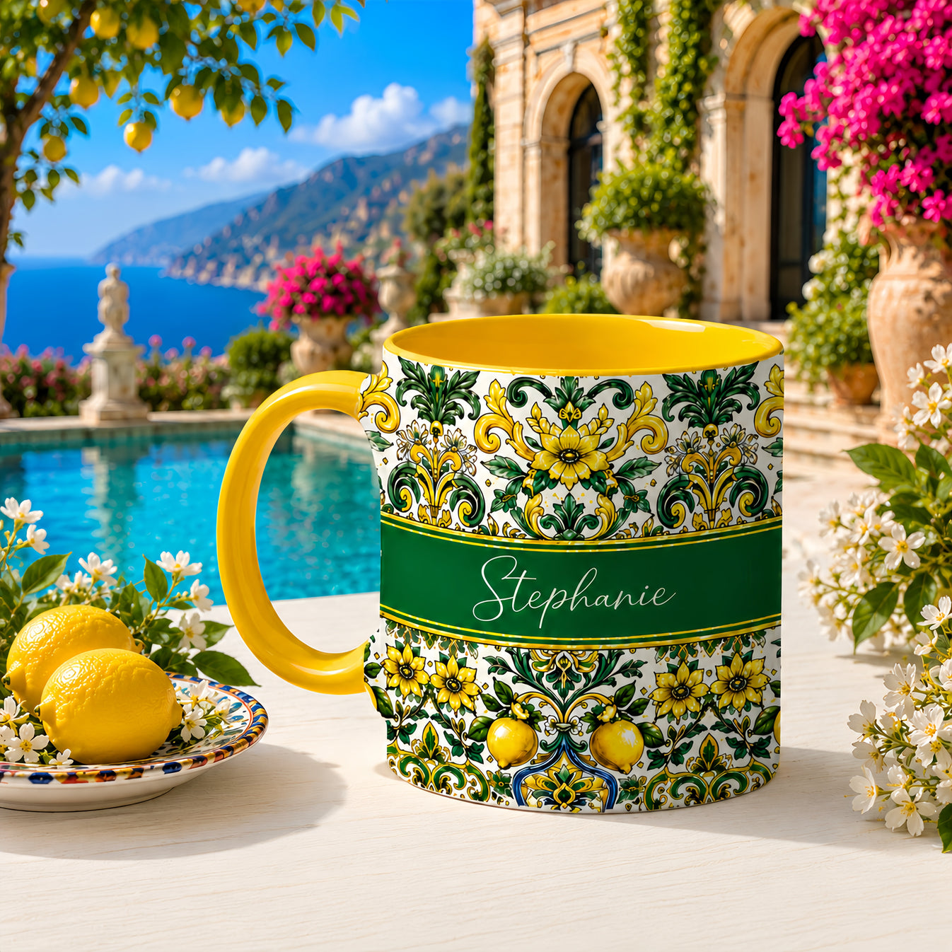 Mediterranean Style & Majolica Print Sun-Kissed Limoncello - Personalized Accent Mug-Myprintsy