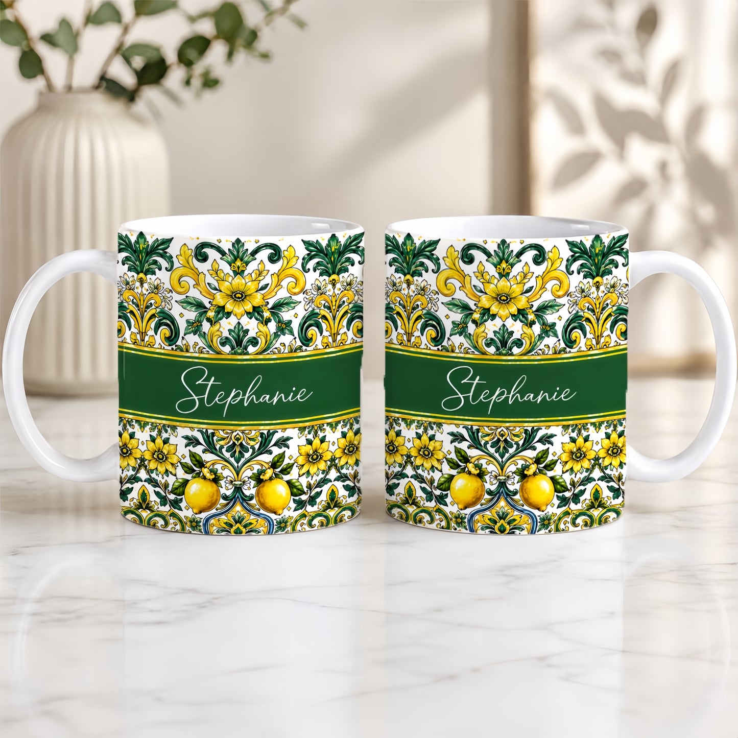 Mediterranean Style & Majolica Print Sun-Kissed Limoncello - Personalized Accent Mug-Myprintsy
