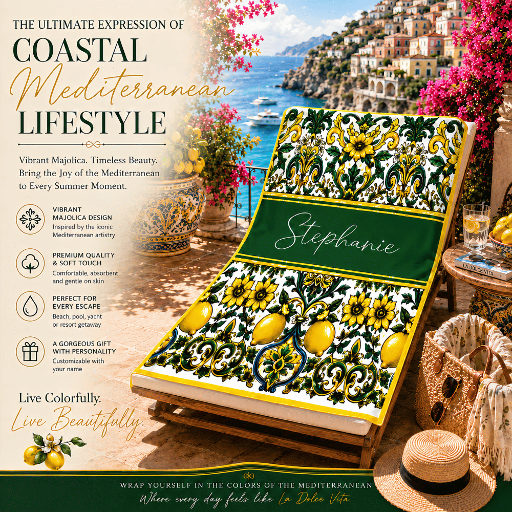 Mediterranean Style & Majolica Print Sun-Kissed Limoncello - Personalized Beach Towel-Myprintsy