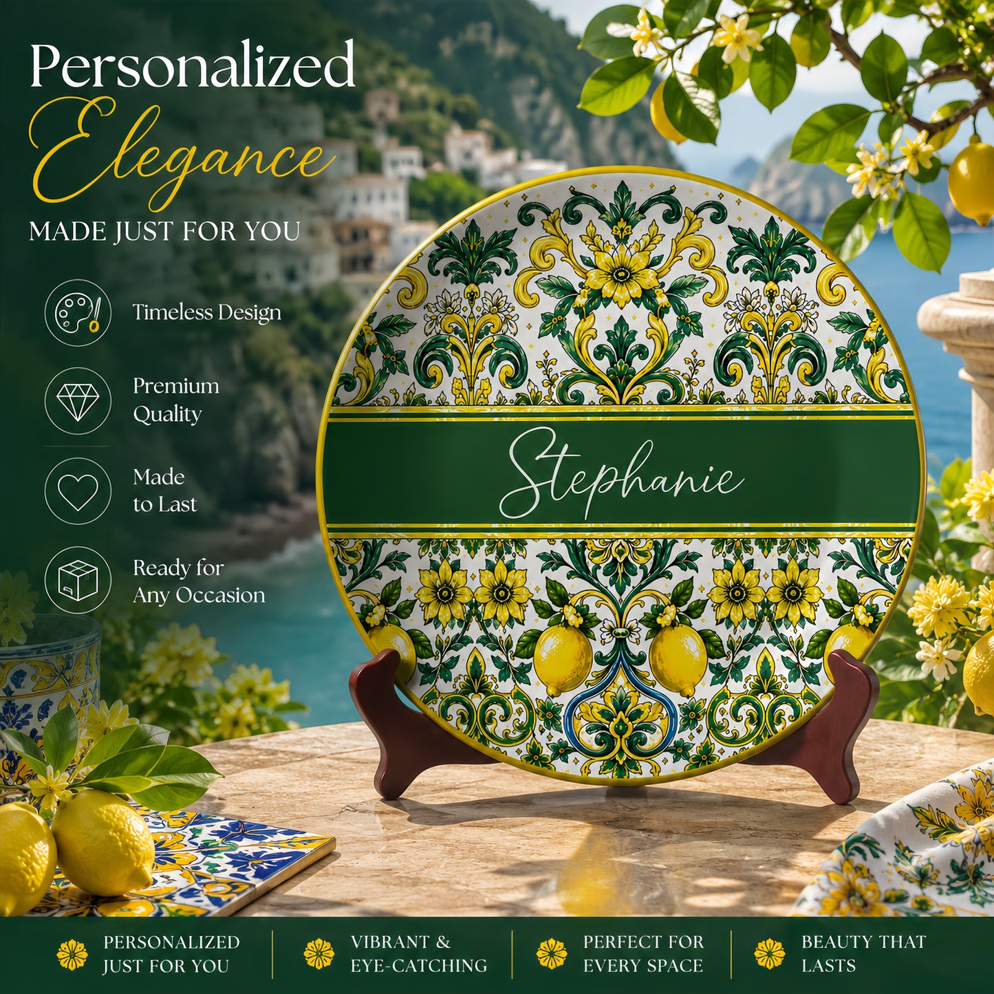Mediterranean Style & Majolica Print Sun-Kissed Limoncello - Personalized Ceramic Plate - Plates For Decoration-Myprintsy